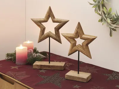 Image de 2x décoration de Noël "étoile" en bois de manguier, 25 + 31 cm de haut, figurine de décoration, décoration de fenêtre, décoration d'étoile