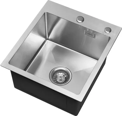 A stainless steel kitchen sink with a black base.