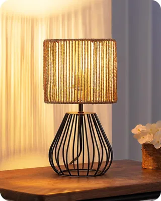 Image de Lampe de table - Lampe de chevet - Éclairage d'ambiance - Abat-jour tissé à la main - 29 cm - Noir