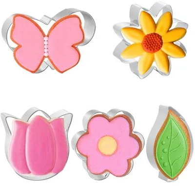 Produktbild von Ibenzoa® 5er Edelstahl-Blumen-Ausstechformen Set für Kekse, Fondant & Basteln – Tulpe, Schmetterling, Pflaume, Sonnenblume, Blatt