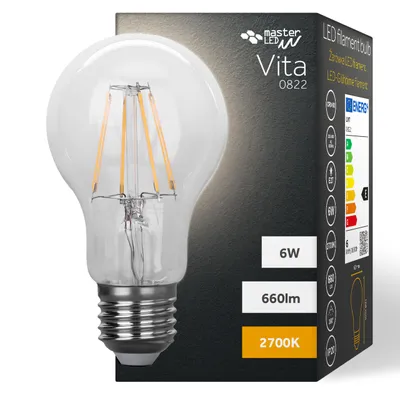 A MasterLED Vita 0822 LED filament bulb is shown next to its packaging.