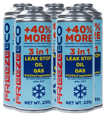 Produktbild von FreezeEco 5x R1234yf 3-in-1-Ersatzkältemittel für Klimaanlagen mit Öl und Dichtungssatz
