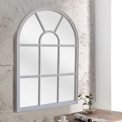 Produktbild von cagü: Romantischer Design Wandspiegel PORTA Weiß Vintage Paulownia-Holz Rundbogen Fensteroptik 100cm x 70cm