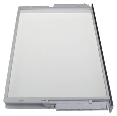 A flat, rectangular glass plate with a gray frame, presented on a white background.