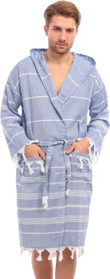 Produktbild von Bademantel Damen & Herren Uni – Weich & Leicht Langform, 100% Baumwolle, mit Kapuze, & Gürtel, Hamamtuch-Stil mit Taschen – Ideal für Sauna__Blau