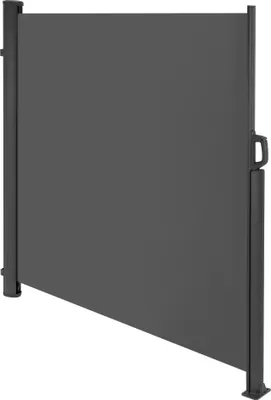 A dark gray retractable privacy screen or windbreak is shown in a studio setting against a white background.
