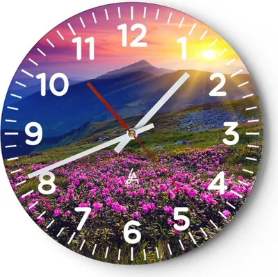 Produktbild von Wanduhr - Rund - Glasuhr - Wiese Berge Landschaft - 40x40cm - Schleichendes Uhrwerk - Lautlos - zum Aufhängen bereit - Dekoration Modern - Wanddekoration aus Glas - C4AR40x40-2676