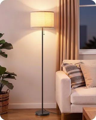 Obrázek produktu pro Stojací lampa do obývacího pokoje, stínidlo z lnu, teplota světla 2700K, barva krémová a černá