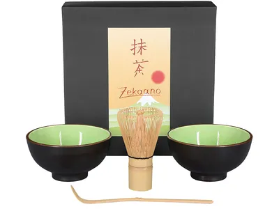 Produktbild von Matcha Set / Matchaset / 2x Matcha Schale 250ml, sommergrün, mit Besen und Löffel in Geschenkbox