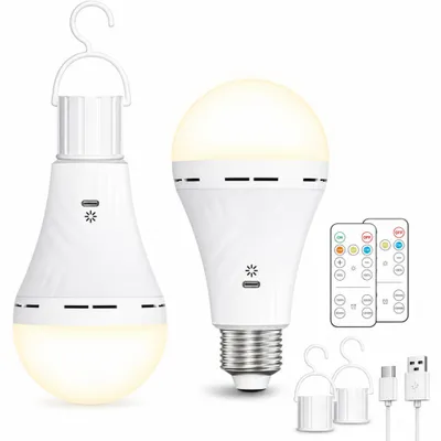 Produktbild von 2er Set E27 LED-Akkulampen mit Fernbedienung, USB-C wiederaufladbar, kabellos, 2600 mAh, dimmbar, 3 Lichtfarben, Timer & Haken, Weihnachtsbeleuchtung