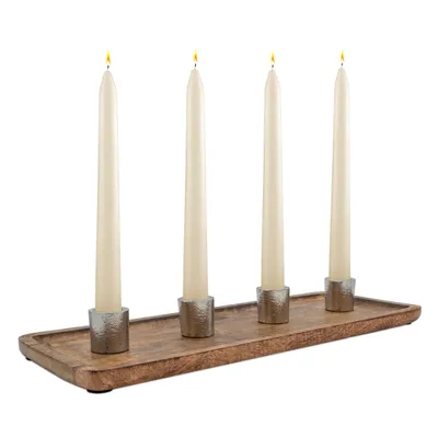 Image de Plateau à bougies mangue avec 4 bougeoirs en aluminium - env. 38 x 15 cm - plateau en bois pour 4 bougies tige