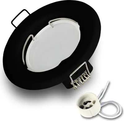 A black recessed spotlight fixture and a white GU10 socket with wires are shown against a white background.