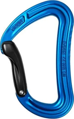 Blauer Schnappkarabiner "Raven Bent" von Ocun; geeignet für Klettern; mit ergonomischem Design.