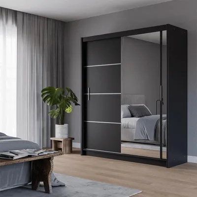 Produktbild von Krudox PRVTA Schwebetürenschrank Schwarz mit Spiegel 180 cm Kleiderschrank mit 2 Kleiderstangen