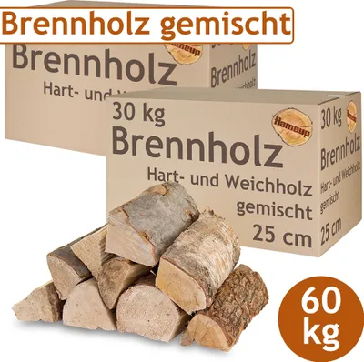 Two cardboard boxes labeled 'Brennholz' (firewood) are stacked, with a pile of firewood in front. A circular graphic indicates '60 kg'.