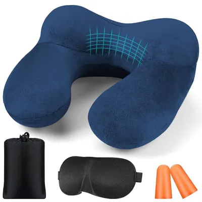 Obrázok produktu pre Nafukovacia cestovná podpera na krk s štuplemi, modrá, zamatová, ergonomická, tvarovaná do písmena U