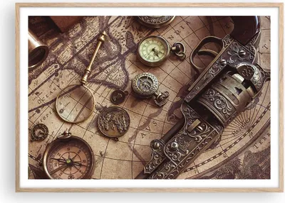 Produktbild von Gerahmtes Poster - Rahmen in heller Eiche - Kartographie Vintage Kompass - 100x70 cm - Wand Bild - Wanddeko - Wandbilder - Kunstposter - Wandposter - Bilderrahmen - Bilder - P2NAA100x70-4582