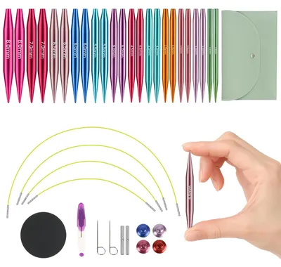 Produktbild von Set aus kurzen, austauschbaren Rundstricknadeln, 5 cm Mini-Rundstricknadeln mit Tasche und Zubehör, 12 Nadeln mit einem Durchmesser von 3-8 mm, 4 verstellbare Längen von 40-100 cm, Set aus Aluminium-Häkelnadeln (12 Paare)