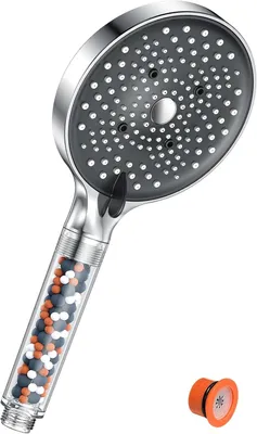 Produktbild von Duschkopf mit Filter und 6 Strahlarten, wassersparend und druckerhöhend, Regendusche mit 130 mm Durchmesser, Chrom