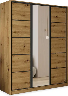 A three-door wardrobe with a mirror in the center, made of wood-effect material with black accents.