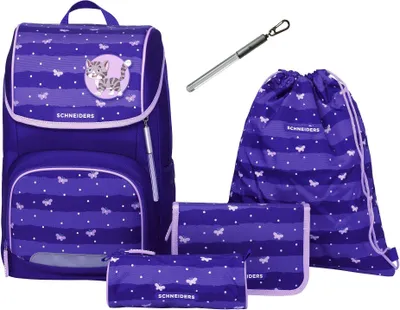 A set of school supplies including a backpack, a drawstring bag, and two pencil cases, all with a purple and butterfly theme.