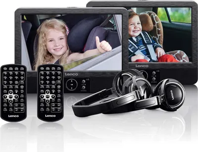 Two portable DVD players are shown in a car setting, with children in the background. Two remote controls and a pair of headphones are in the foreground.