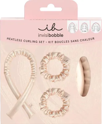 A pink box containing a heatless curling set.