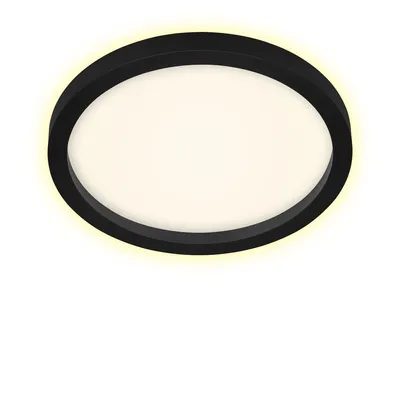 A black circular LED ceiling light with a warm white backlight effect, presented on a white background.