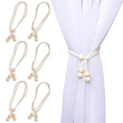 Vorhanghalter mit Holzkugeln, 6er-Set, beige, 44 cm