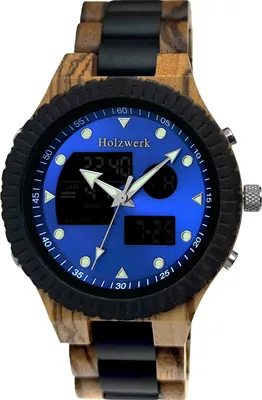 Produktbild von Holzwerk INGOLSTADT Designer Holz Digital & Analog Uhr mit Datum, blau, schwarz