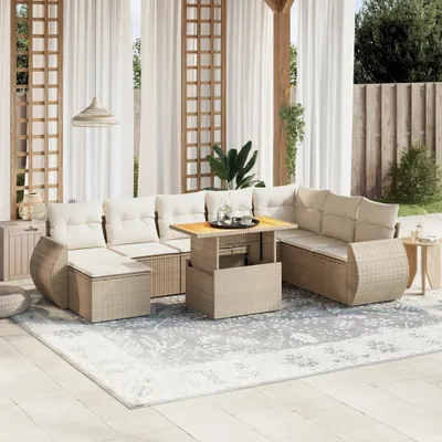 Produktbild von Design 9-tlg. Garten-Sofagarnitur mit Kissen Beige Poly Rattan, Gartenmöbel-Sets 2024 Neu