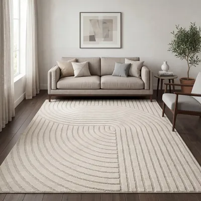 Produktbild von Teppich Wohnzimmer Kurzflor Skandi Japandi Boho Abstraktes Muster 3D Uni Creme Grösse 240x330 cm