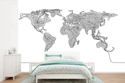 Produktbild von MuchoWow® Fototapete für Wohnzimmer oder Schlafzimmer Wandtapete Vinyl Motivtapete Weltkarte - Schwarz - Weiß - Linie - 525x350 cm - Das Hintergrundbild