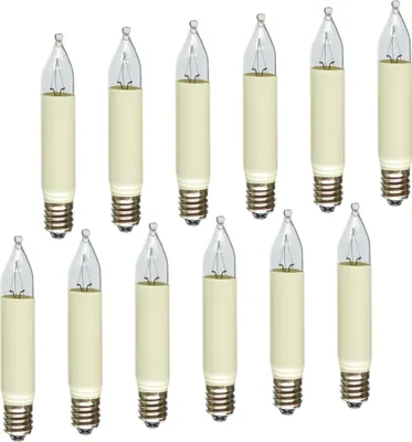 A collection of small candle-shaped light bulbs arranged in two rows against a white background.