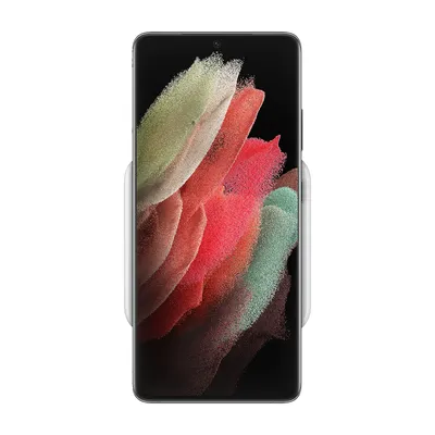 A smartphone is placed vertically on a white background, held by a thin, transparent cradle.