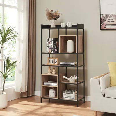 Produktbild von Standregal 'Belana' Bücherregal 137 x 70 x 33 cm mit 9 offenen Regalfächern Metallgestell Schwarz/Eicheoptik