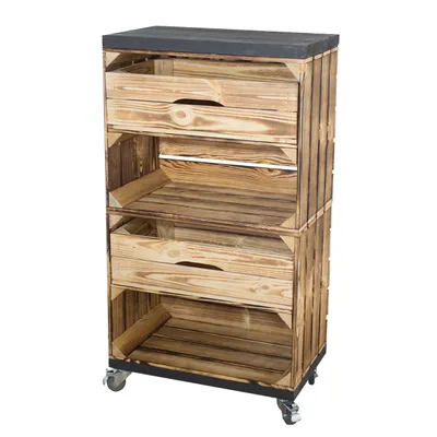 Produktbild von Regal aus zwei geflammten Obstkisten mit zwei Schubladen und Bohlenbrett in Schwarz, auf Rollen 91x50x30cm Obstkisten Weinkisten