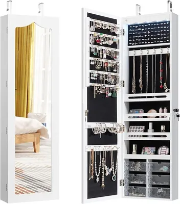 Produktbild von Schmuckschrank hängend, Sipegelschrank mit LED-Beleuchtung, Spiegel und 6 Schubladen, Hängeschrank für Tür- und Wandmontage, Schmuck Schrank für Schmuck & Kosmetik Aufbewahrung, Weiß