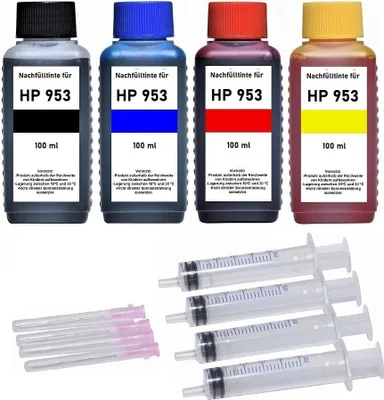 Produktbild von Tintenpatronen Nachfüllset für HP 953 (XL) Druckerpatronen - 4 x 100 ml Nachfülltinte black, cyan, magenta, yellow  + Zubehör für OfficeJet Pro 7700, 7720, 7730, 7740 WF, 8200, 8210, 8216, 8218, 8710, 8715, 8718, 8719, 8720, 8720, 8725, 8730, 8740