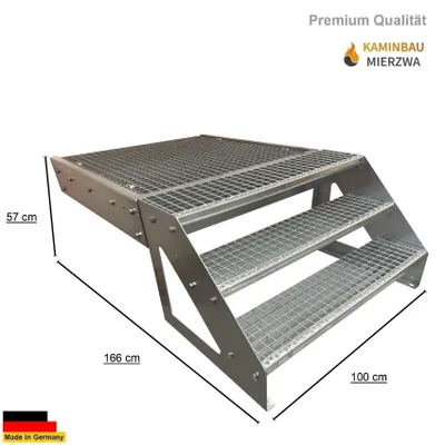 Zdjęcie produktu dla Schody na podest Schody stalowe wolnostojące 3 stopnie Wysokość 57 cm łącznie z podestem 100x100cm bez balustrady Ocynkowane Wyrównanie schodów przód/przód Schody zewnętrzne