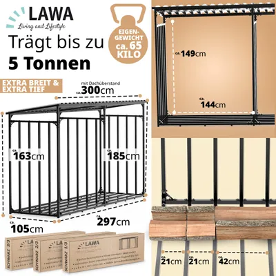 Produktbild von Holzaufbewahrungsgestell für den Außenbereich – 3 Meter breit mit Dach – 65 kg Metall – Anthrazit – Holzregal – Holzlagerung