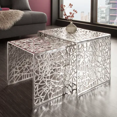 Image de Lot de 2 tables basses élégantes ABSTRACT, couleur argent, au design Gap : tables de salon modernes, tables gigognes, tables