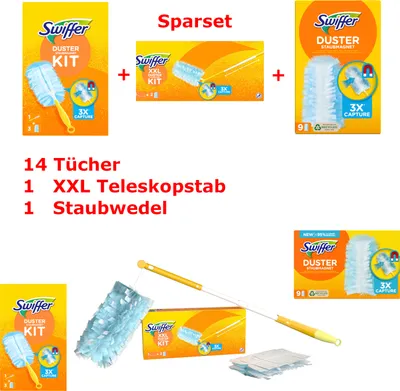 Produktbild von Swiffer Staubmagnet XXL Set mit Teleskopgriff, Handgriff und 14 Tüchern – Ideal für Möbelreinigung, entfernt Staub, Haare und Allergene effektiv