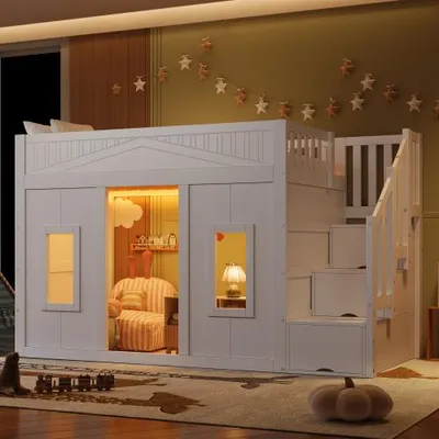 Produktbild von Hochbett 90x200 cm mit Stauraumtreppe, 3 Staufächern, Fenster und LED-Beleuchtung, Kinderbett aus Holz, Weiß, ohne Matratze