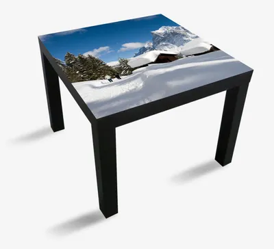 Produktbild von Wallario Möbeldesign / Aufkleber, geeignet für Ikea Lack Tisch - Verschneiter Almhütten vor einem Gipfel in 55 x 55 cm