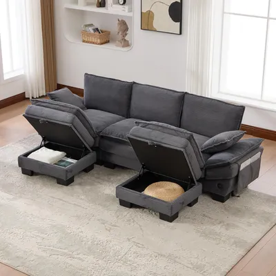 Produktbild von STILVORA Cordsofa mit 2 Hockern und breiter Sitzfläche, 3-Sitzer Sofa mit ergonomischem Design und hochdichter Schaumstoffpolsterung, Wohnzimmer Sofa mit USB-C Anschluss und praktischen Seitentaschen, Dunkelgrau