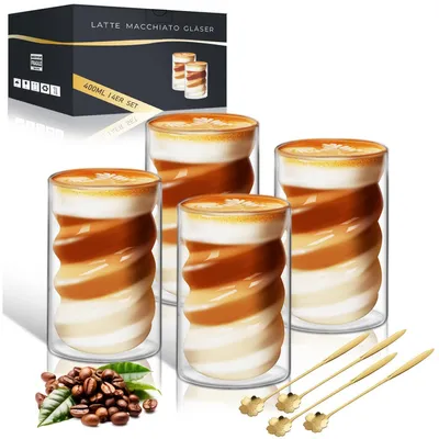 Image de Verres à Latte Macchiato, double paroi, 400 ml, lot de 4 avec 4 cuillères, effet spirale, verre borosilicaté
