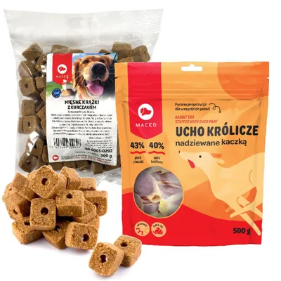 Zdjęcie produktu dla Maced Przysmaki Dla Psa Ucho Królicze Z Kaczką 500g + Miękkie Mięsne Krążki Z Kurczakiem 500g