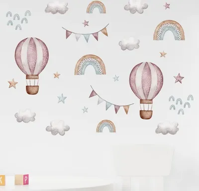 Produktbild von Aquarell Rosa Heißluftballon & Regenbogen Wandaufkleber – Dekorative Wolkensticker für Kinderzimmer, Babyzimmer, Wohnraum Dekoaufkleber