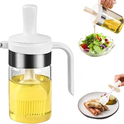 Produktbild von 2-in-1-Ölspenderflasche mit Silikonbürste zum Kochen in der Küche, Essig, Saucen, Grillen, Salate, Braten – 200 ml, auslaufsicher,Weiß